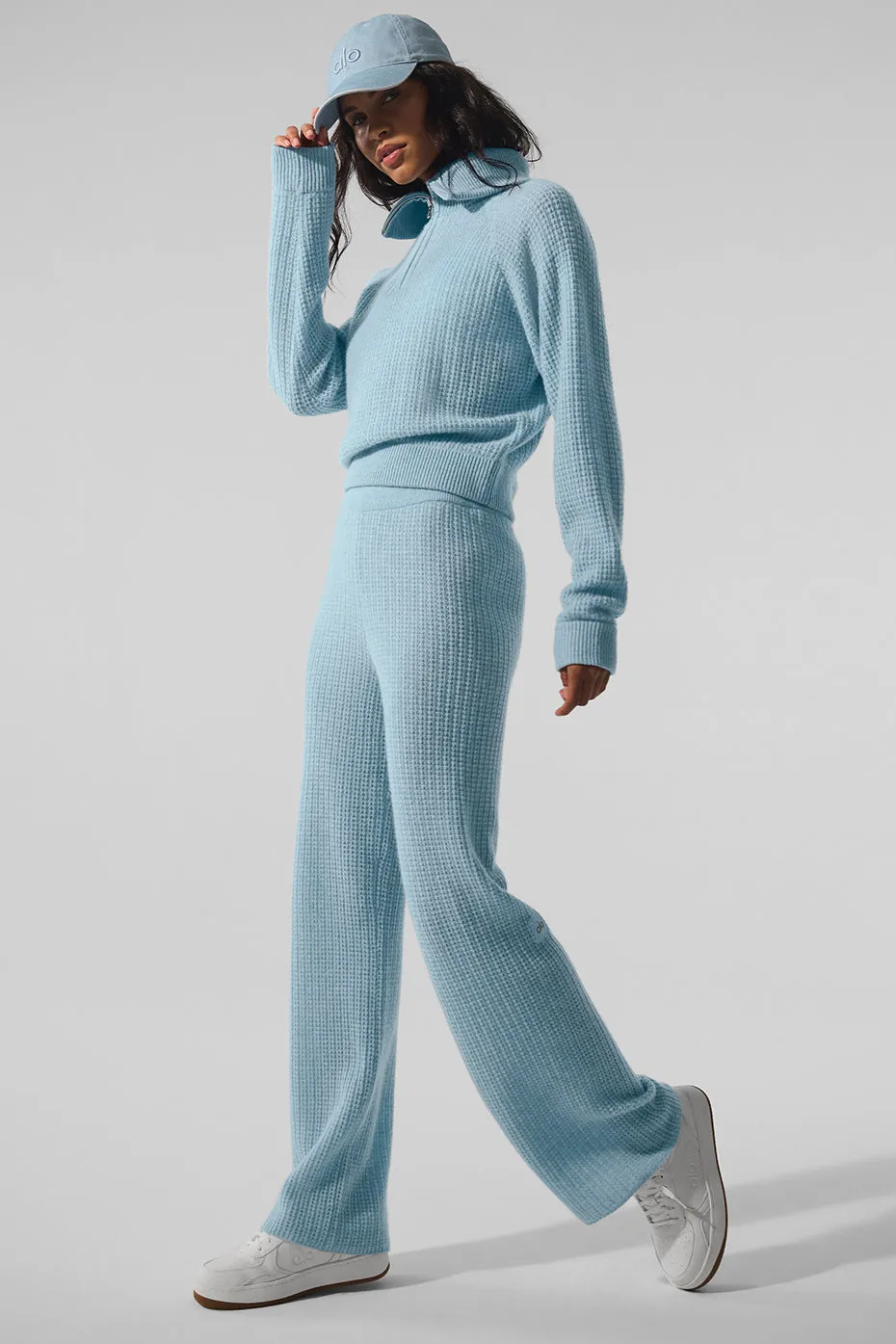 Cozy Celestial Blue Heather Cashmere Plush Waffle 1/4 Zip Pullover Sweater