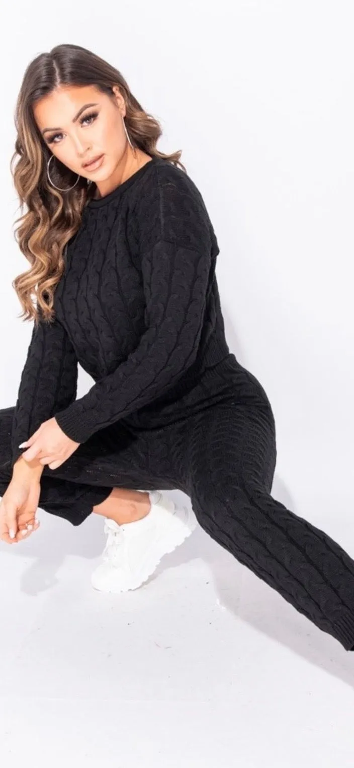Charcoal Cable Knit Long Sleeve Cropped Lounge Set