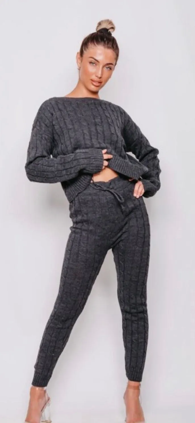 Charcoal Cable Knit Long Sleeve Cropped Lounge Set