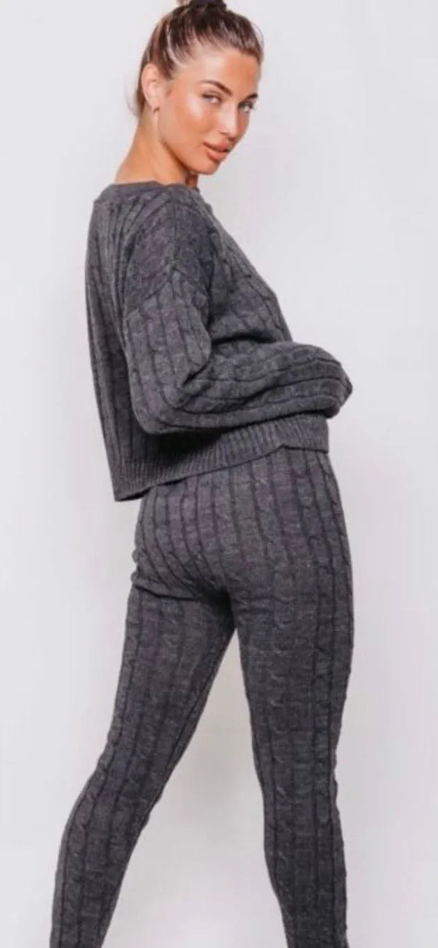 Charcoal Cable Knit Long Sleeve Cropped Lounge Set