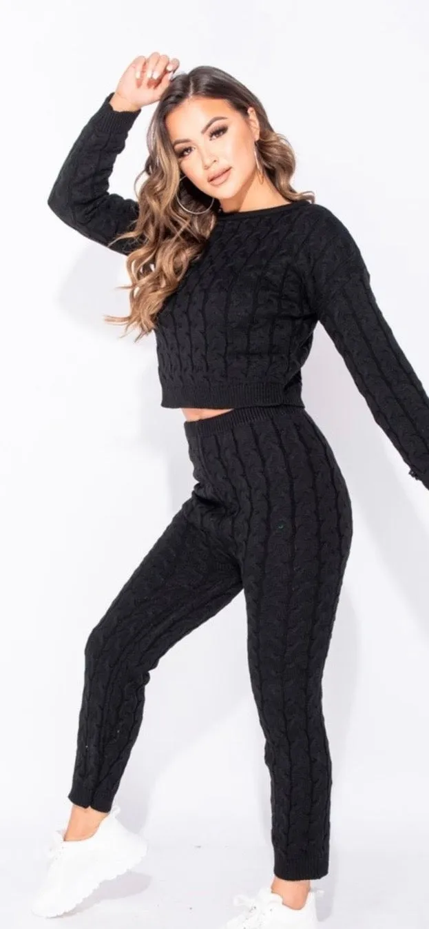 Charcoal Cable Knit Long Sleeve Cropped Lounge Set