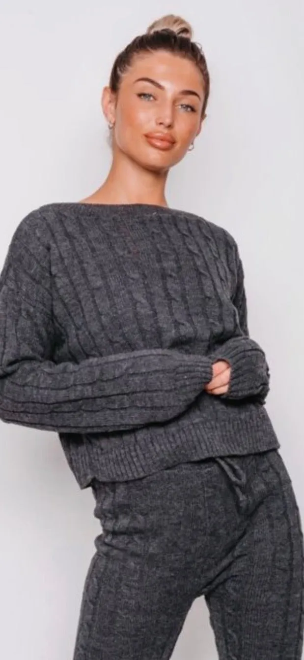 Charcoal Cable Knit Long Sleeve Cropped Lounge Set