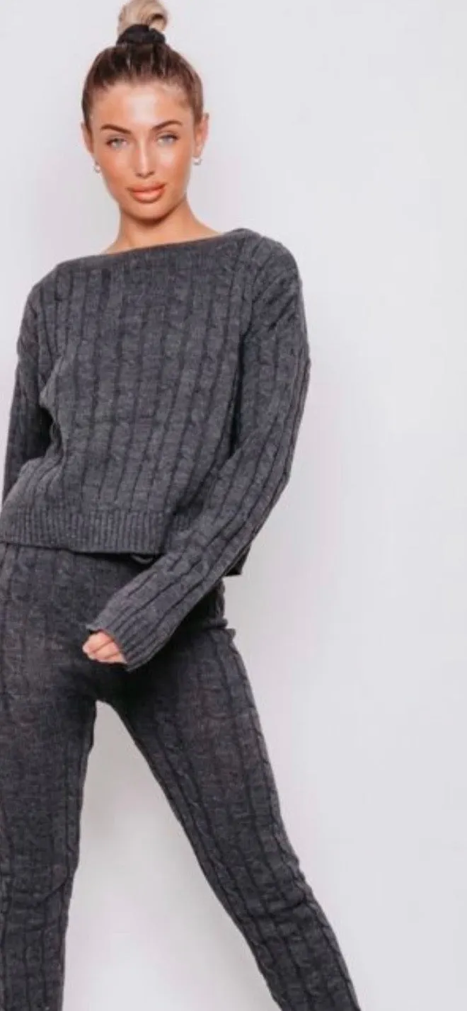 Charcoal Cable Knit Long Sleeve Cropped Lounge Set