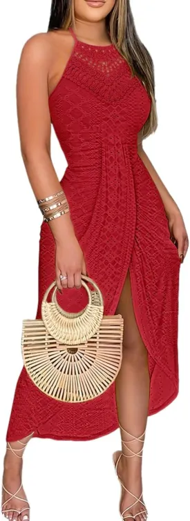 CHICME Womens Summer Halter Dress Hollow Out A Line Vacation Dresses with Eyelet Embroidery & Side Slit