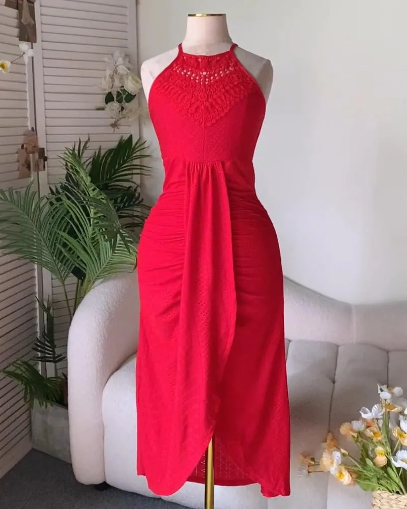 CHICME Womens Summer Halter Dress Hollow Out A Line Vacation Dresses with Eyelet Embroidery & Side Slit