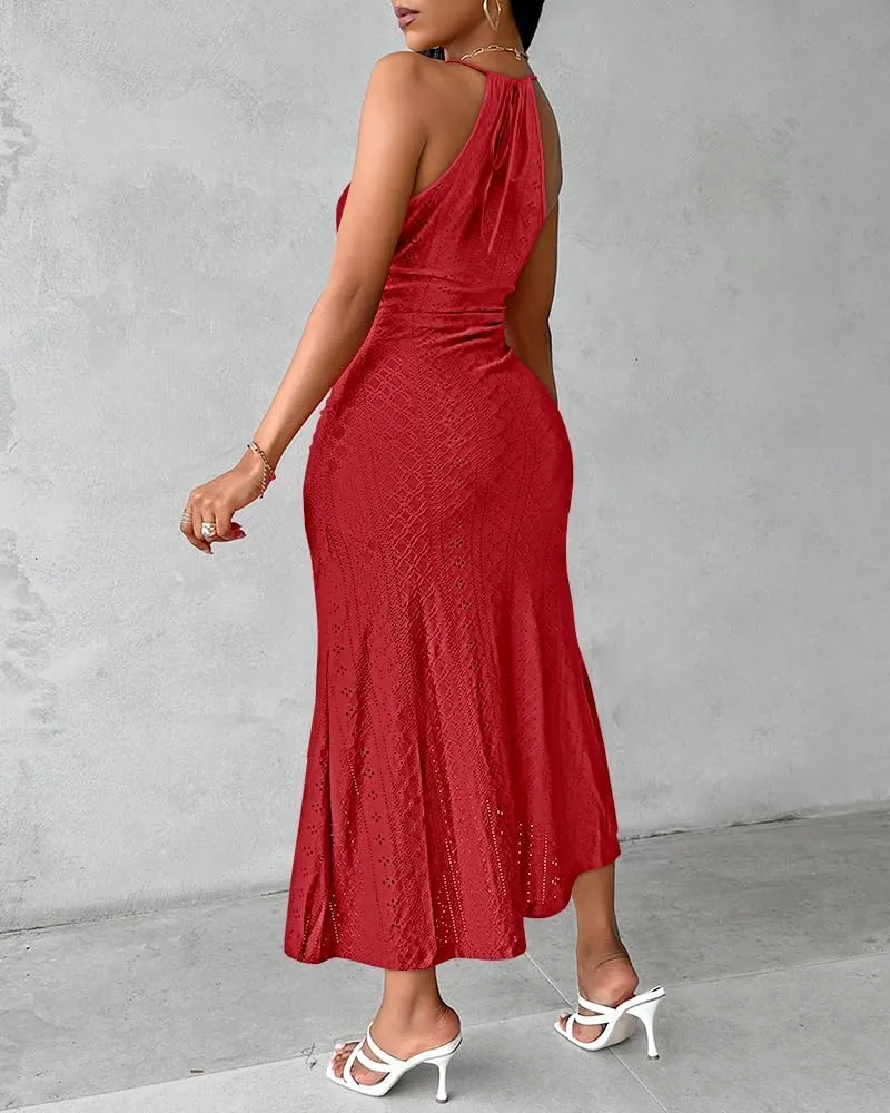 CHICME Womens Summer Halter Dress Hollow Out A Line Vacation Dresses with Eyelet Embroidery & Side Slit