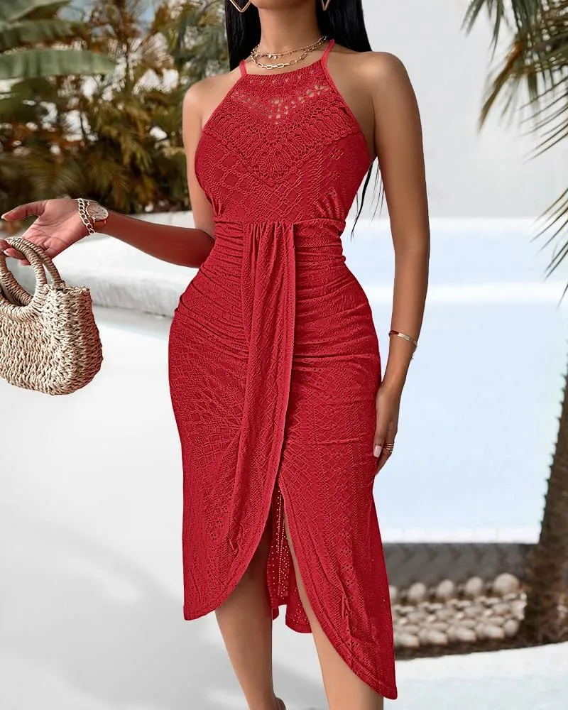 CHICME Womens Summer Halter Dress Hollow Out A Line Vacation Dresses with Eyelet Embroidery & Side Slit