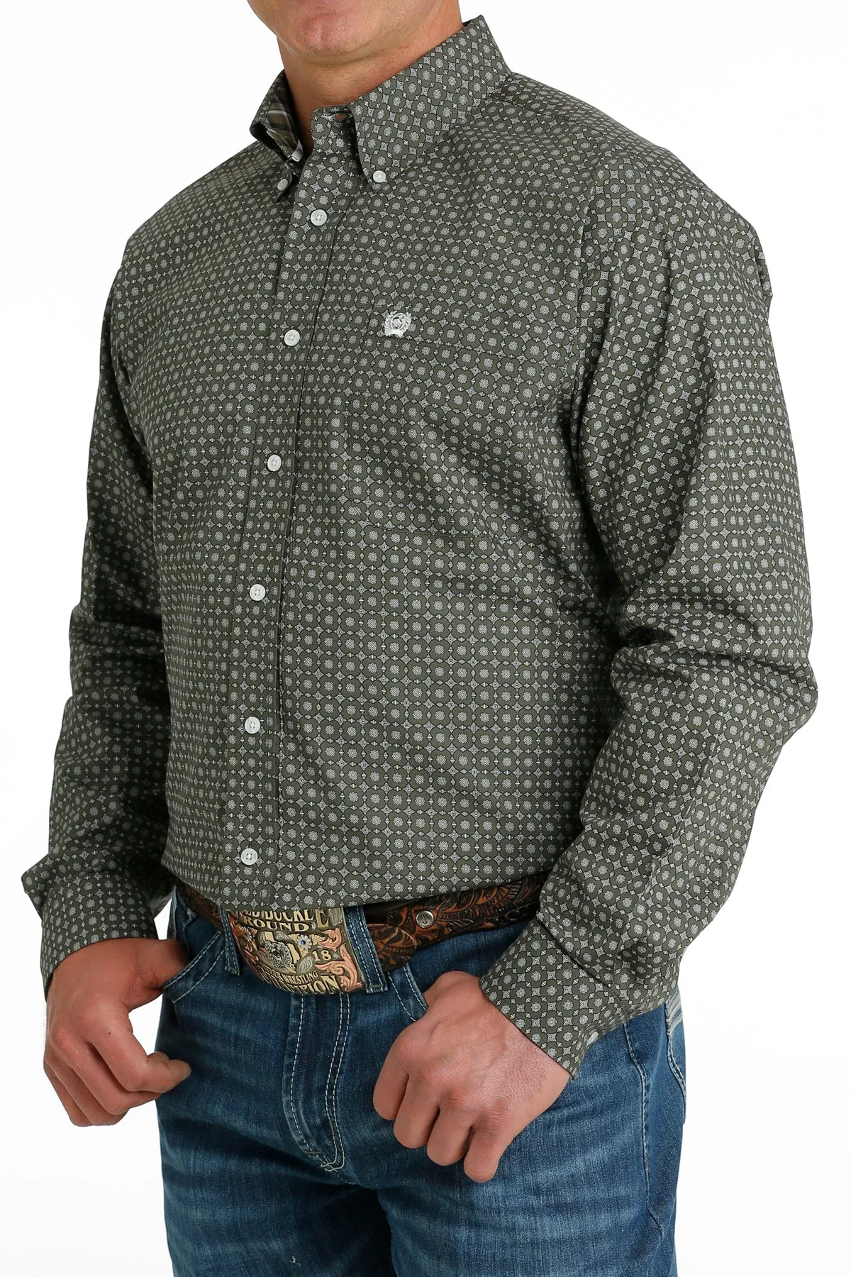 CINCH MEN'S OLIVE MEDALLION PRINT BUTTON DOWN LONG SLEEVE WESTERN SHIRT