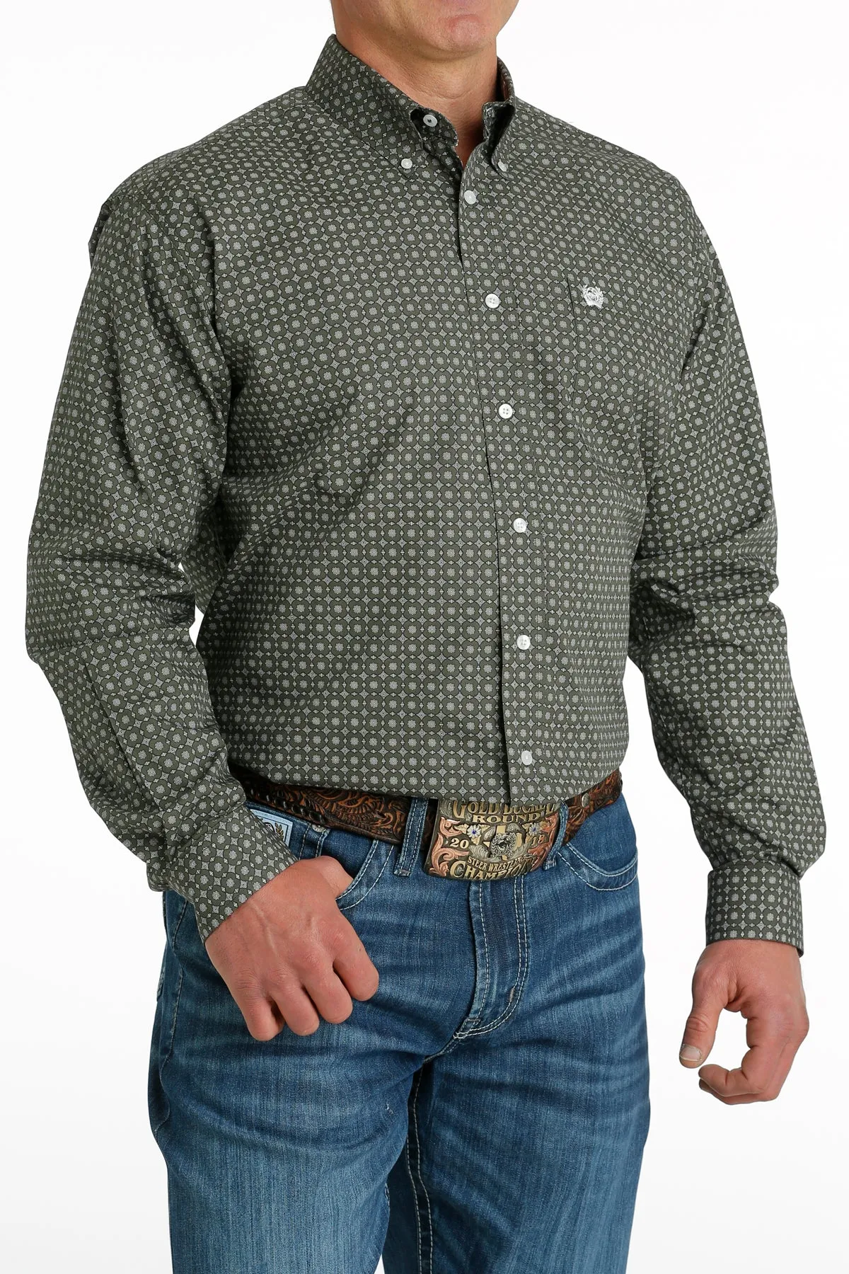 CINCH MEN'S OLIVE MEDALLION PRINT BUTTON DOWN LONG SLEEVE WESTERN SHIRT