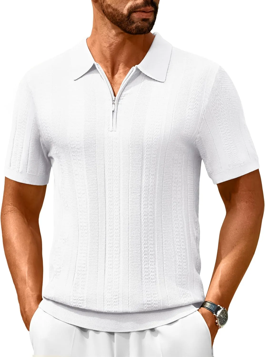 Cotrasen Men's Knit Polo Shirts Short Sleeve Ribbed Textured Polo Lightweight Stretch Slim Fit Golf T Shirt