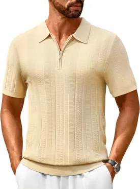 Cotrasen Men's Knit Polo Shirts Short Sleeve Ribbed Textured Polo Lightweight Stretch Slim Fit Golf T Shirt