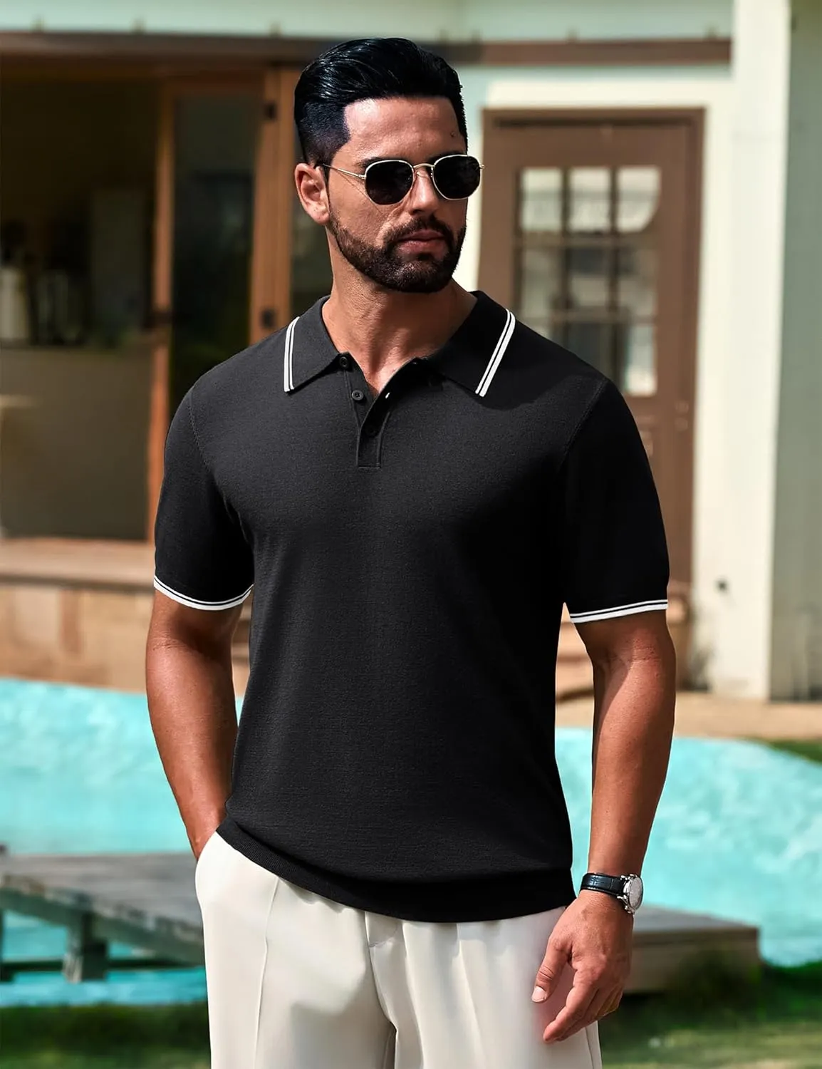 Cotrasen Mens Polo Shirts Short Sleeve Breathable Textured Knit Polo Shirt Casual Button Down Golf Shirts
