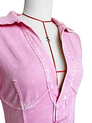Distressed waist-cinching lapel wide-opening jumpsuit AY3499