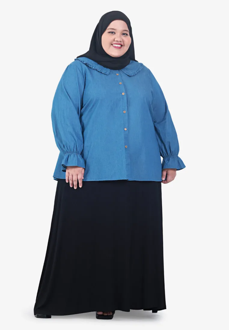 Dollee Big Collar Puff Sleeve Denim Blouse - Light Blue