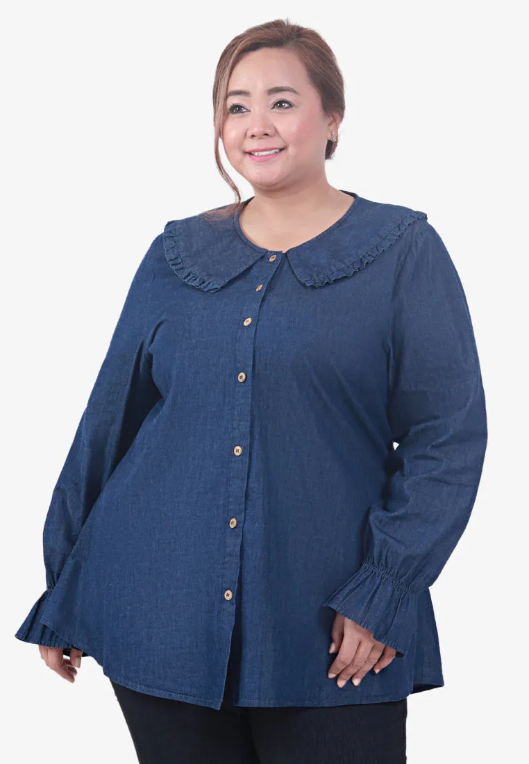 Dollee Big Collar Puff Sleeve Denim Blouse - Light Blue