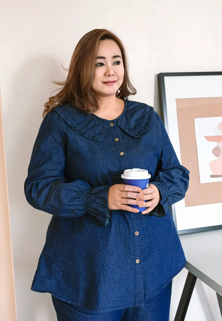 Dollee Big Collar Puff Sleeve Denim Blouse - Light Blue