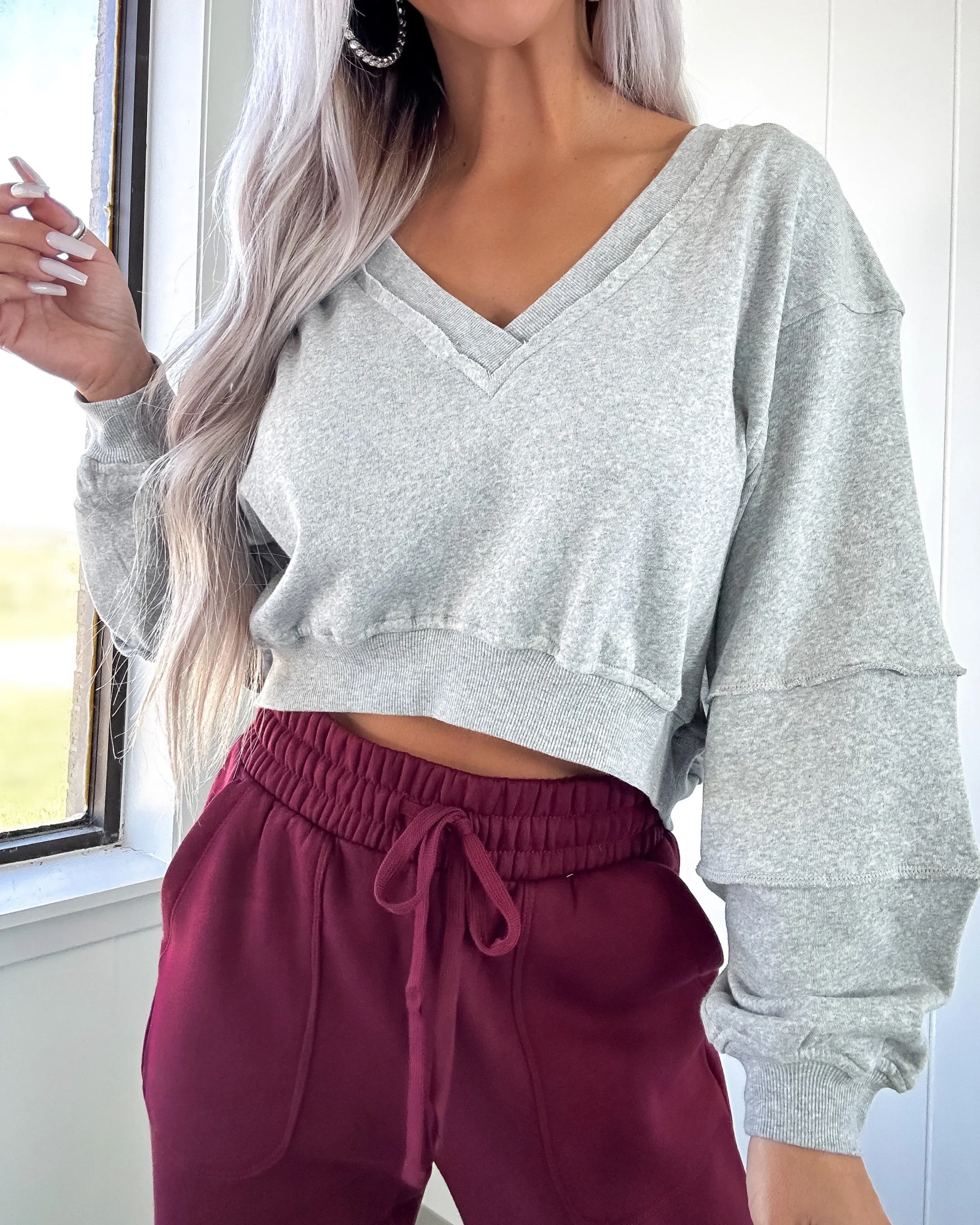 DOORBUSTER Heather Grey French Terry V-Neck Sweater