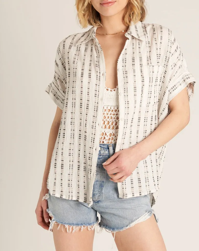 Dudette Short Sleeve Button Up T-Shirt in OffWhite/Black