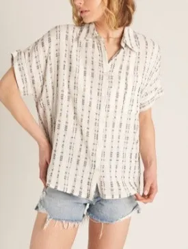 Dudette Short Sleeve Button Up T-Shirt in OffWhite/Black