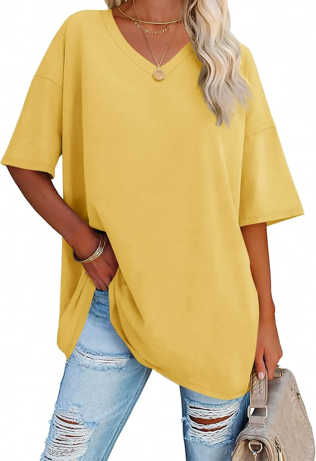 Ebifin Womens Oversized Tshirts V Neck Tee Shirts Half Sleeve Loose Fit T Shirt Cotton Tunic Tops 2024