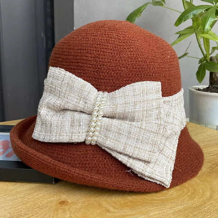 Elegant bow short brim curly small hat women's all-match knitted hat to keep warm in autumn and winter