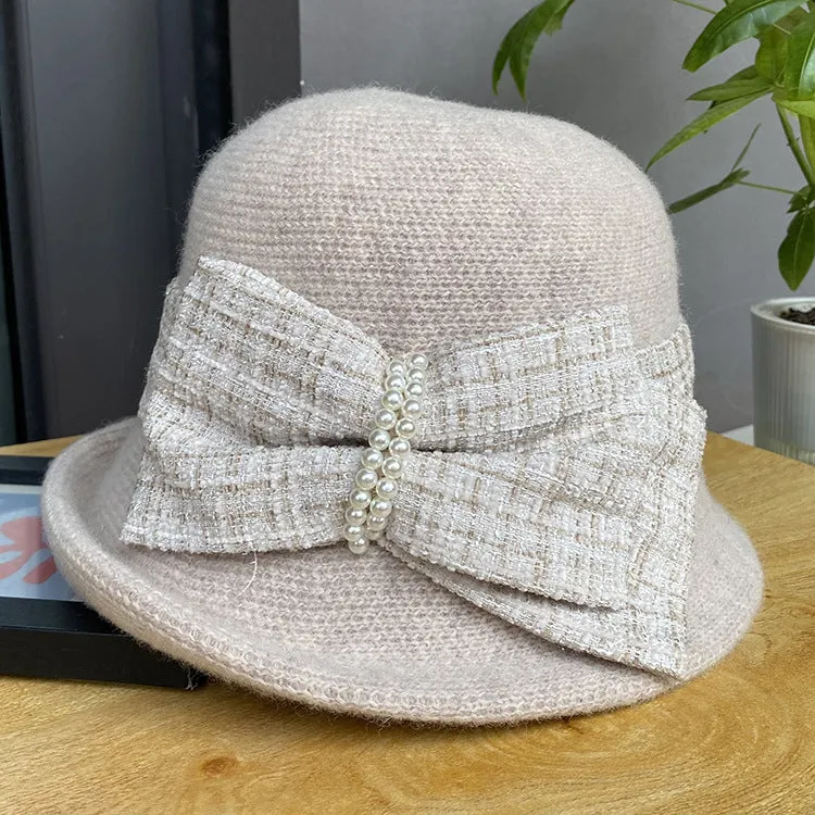 Elegant bow short brim curly small hat women's all-match knitted hat to keep warm in autumn and winter