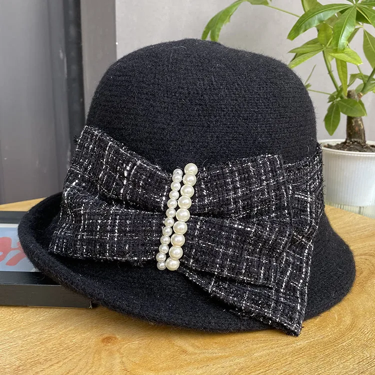 Elegant bow short brim curly small hat women's all-match knitted hat to keep warm in autumn and winter