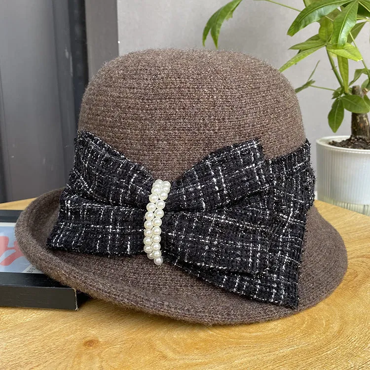 Elegant bow short brim curly small hat women's all-match knitted hat to keep warm in autumn and winter