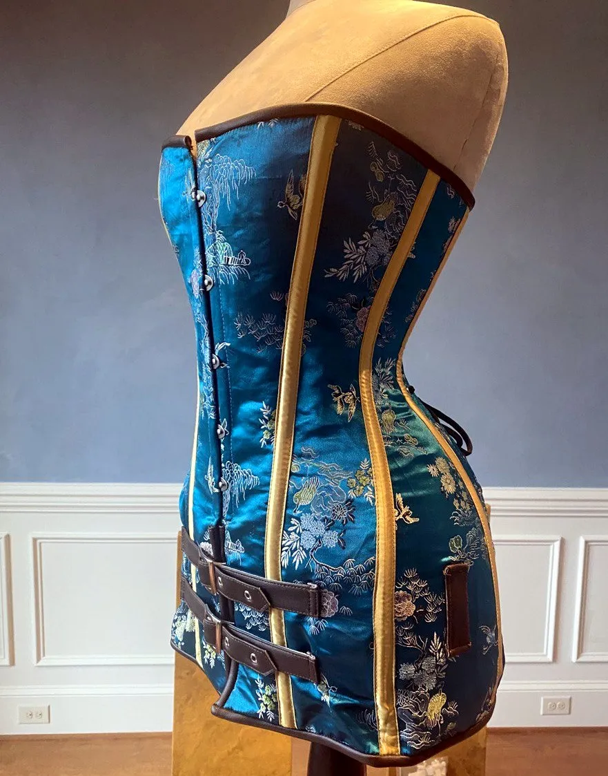 Exclusive blue brocade corset in caftan style, colorful blue with brown leather steampunk and all black gothic available