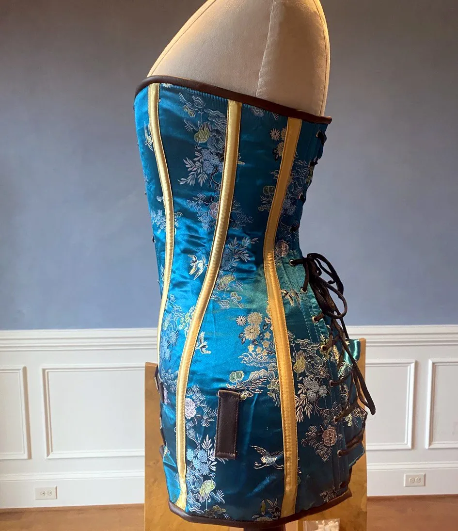 Exclusive blue brocade corset in caftan style, colorful blue with brown leather steampunk and all black gothic available