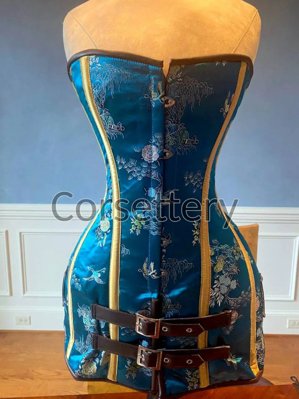 Exclusive blue brocade corset in caftan style, colorful blue with brown leather steampunk and all black gothic available