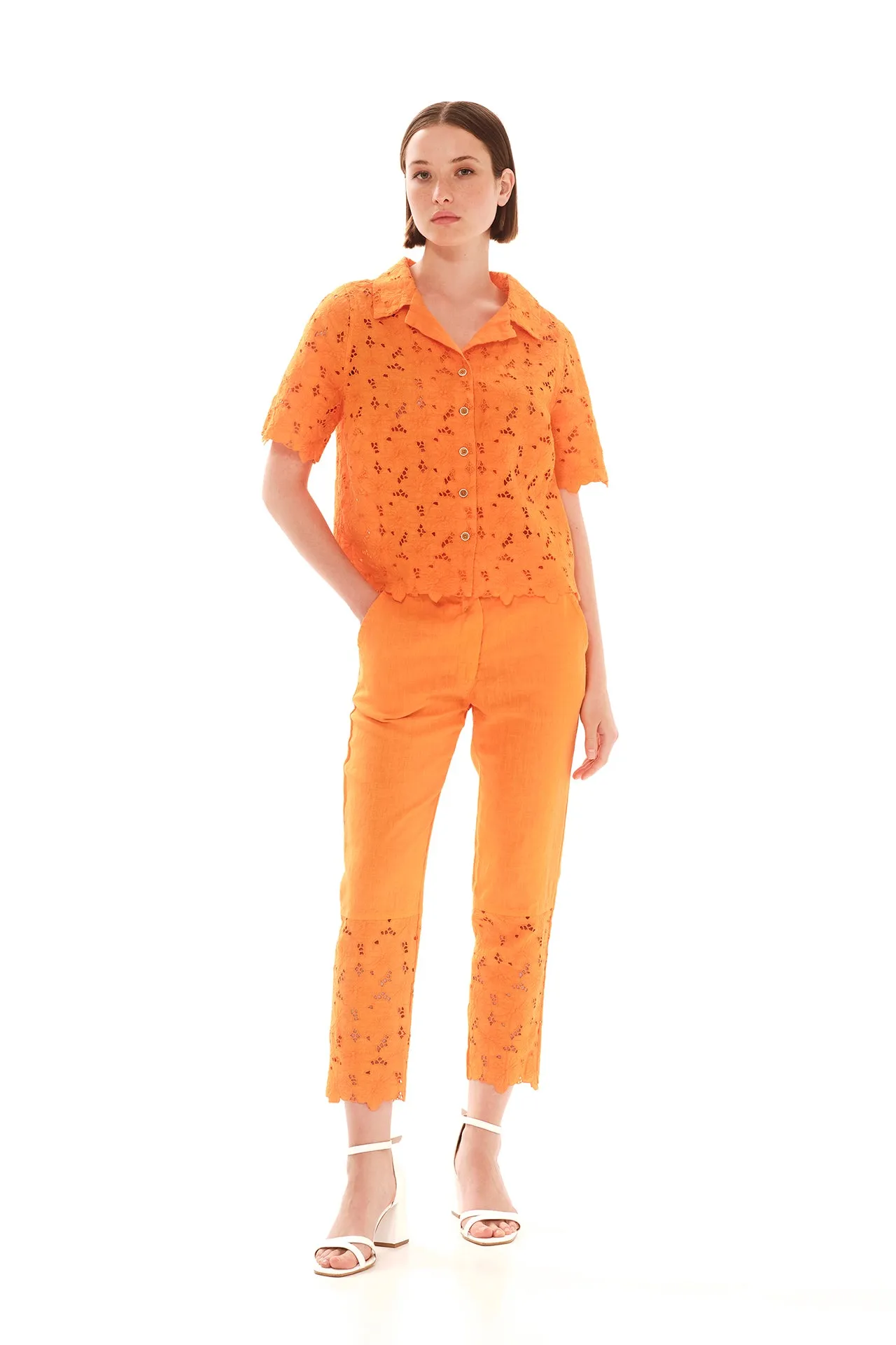 Eyelet Embroidery Scallop Trim Shirt Orange