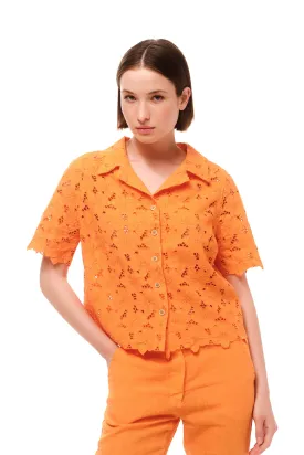 Eyelet Embroidery Scallop Trim Shirt Orange