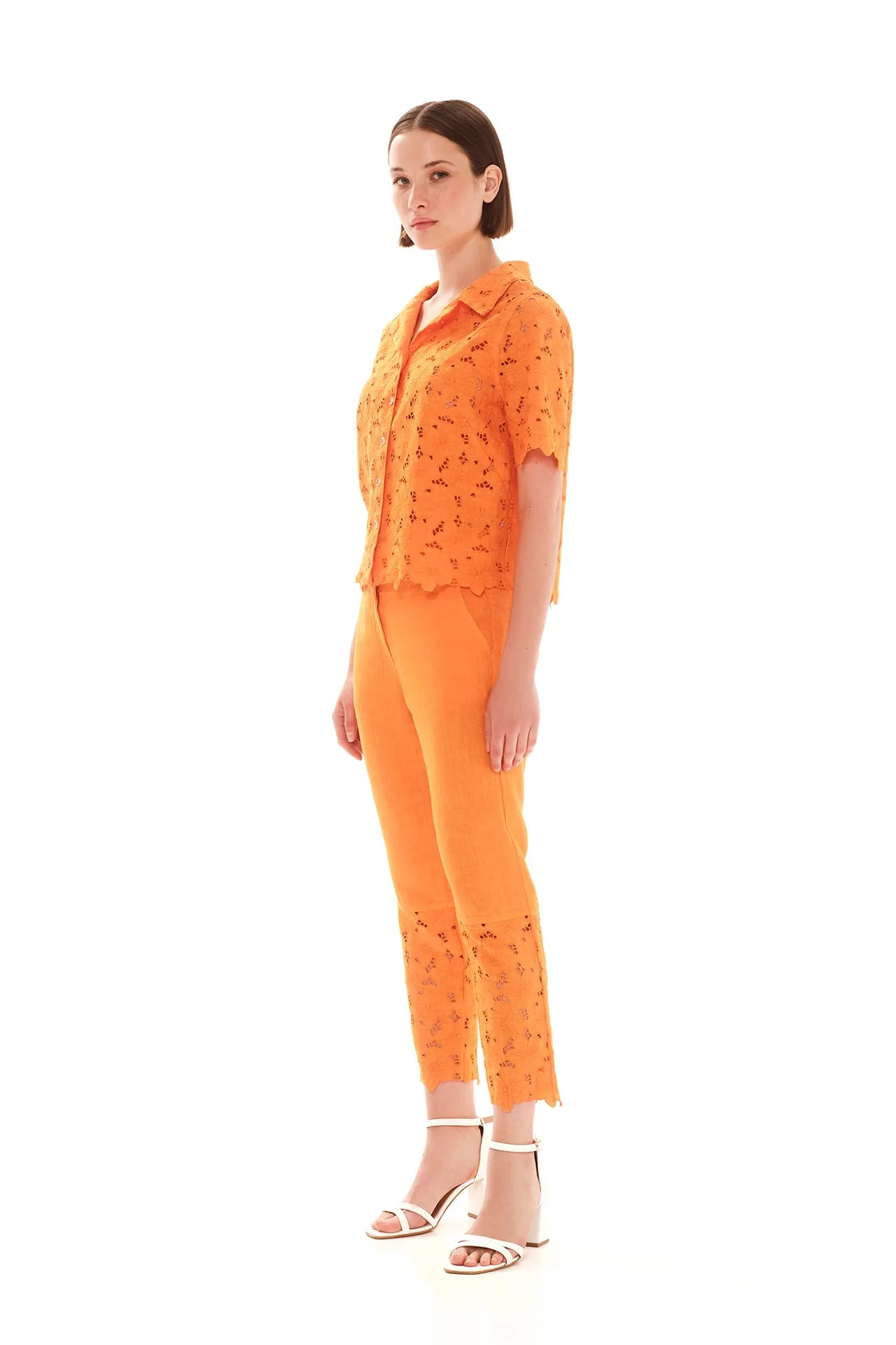 Eyelet Embroidery Scallop Trim Shirt Orange