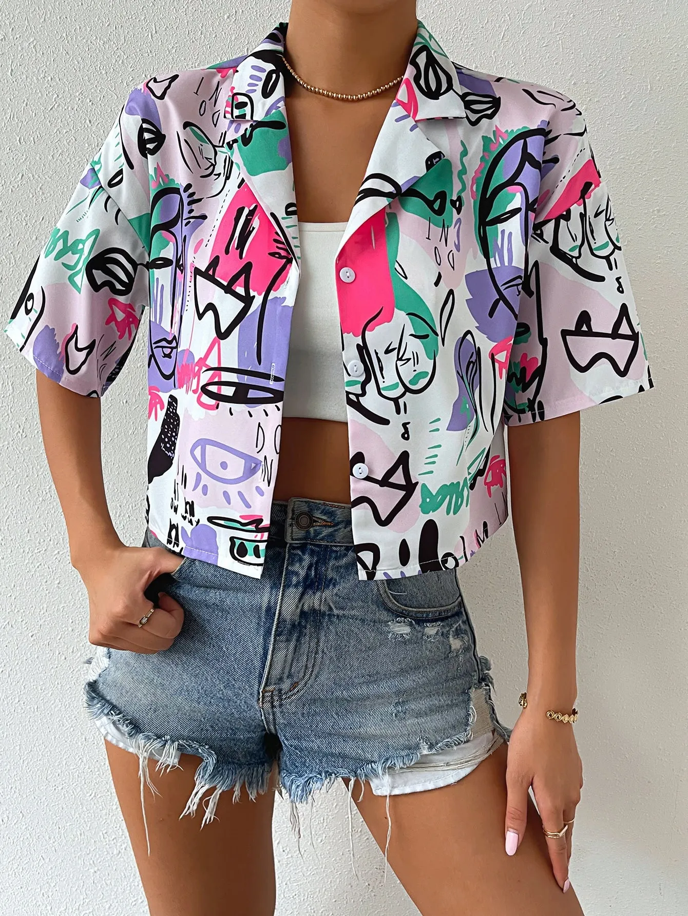 EZwear Women's Short Sleeve Collar Drop Shoulder Crop Top Figure Graphic Button Down Shirts Blouse