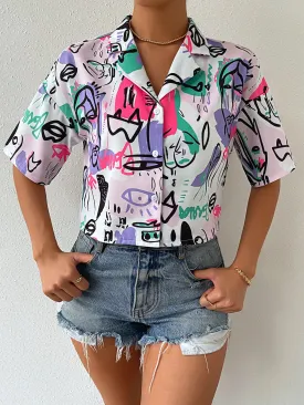 EZwear Women's Short Sleeve Collar Drop Shoulder Crop Top Figure Graphic Button Down Shirts Blouse