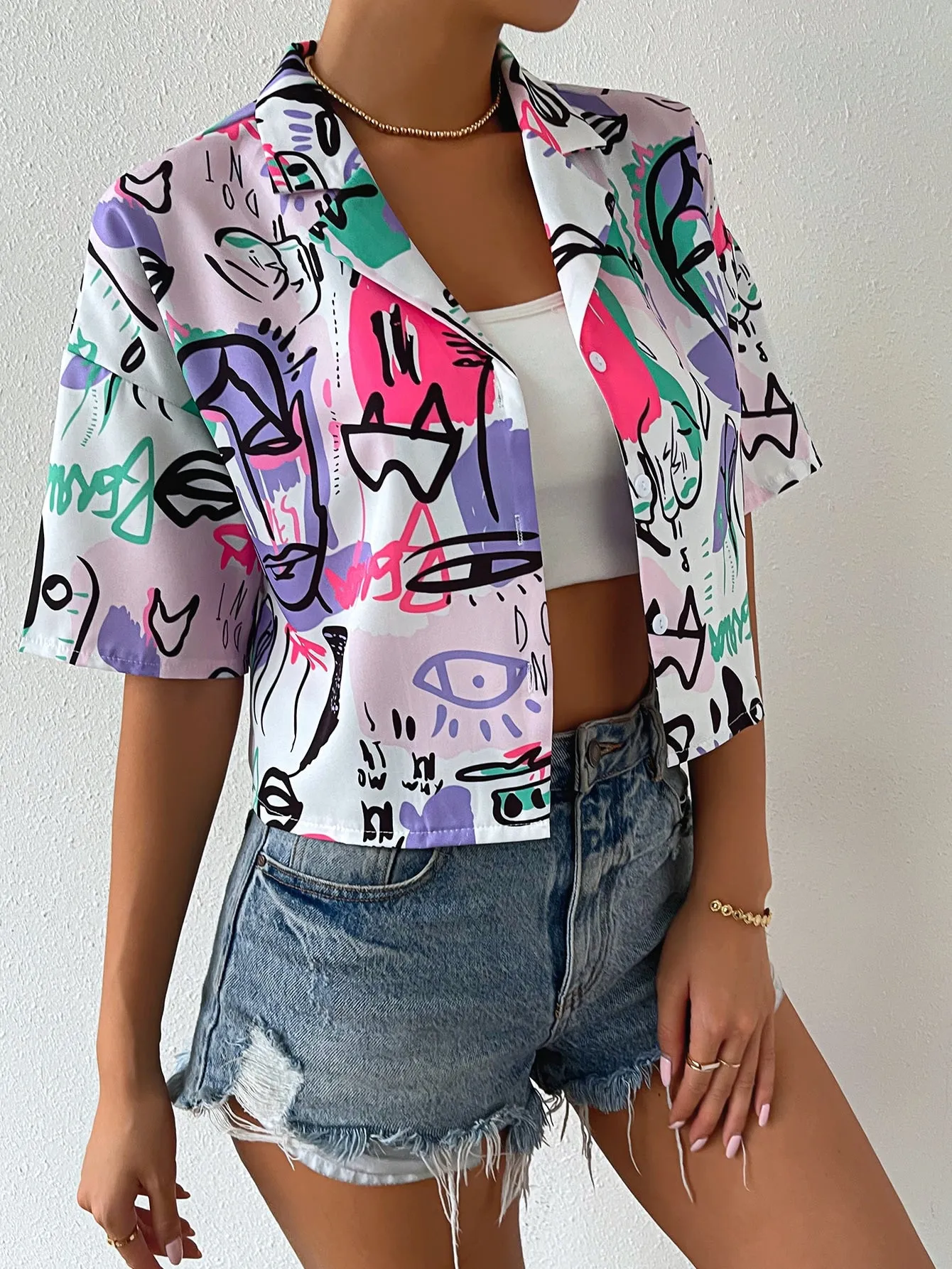 EZwear Women's Short Sleeve Collar Drop Shoulder Crop Top Figure Graphic Button Down Shirts Blouse