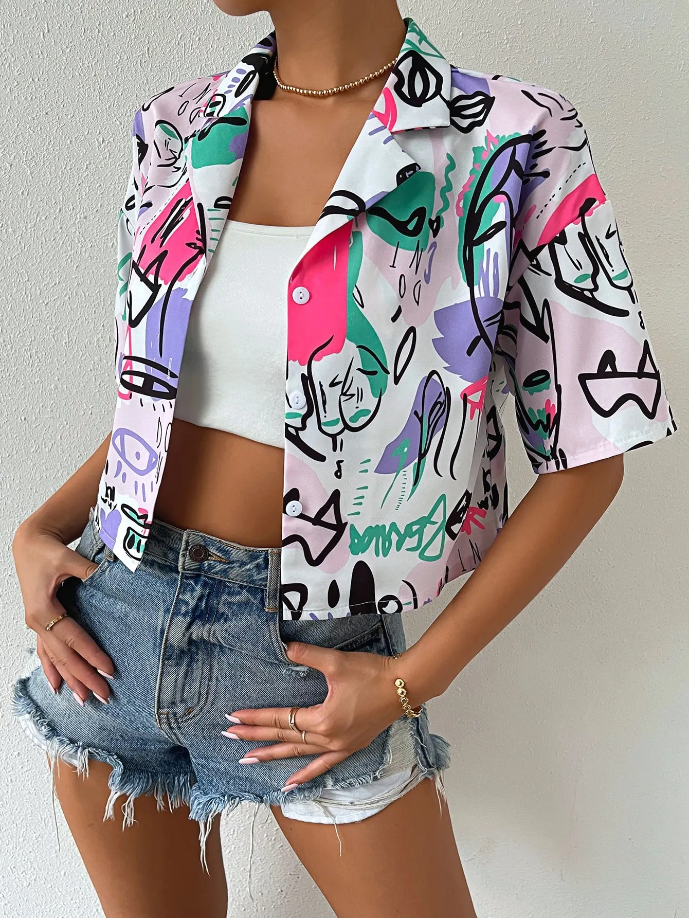 EZwear Women's Short Sleeve Collar Drop Shoulder Crop Top Figure Graphic Button Down Shirts Blouse