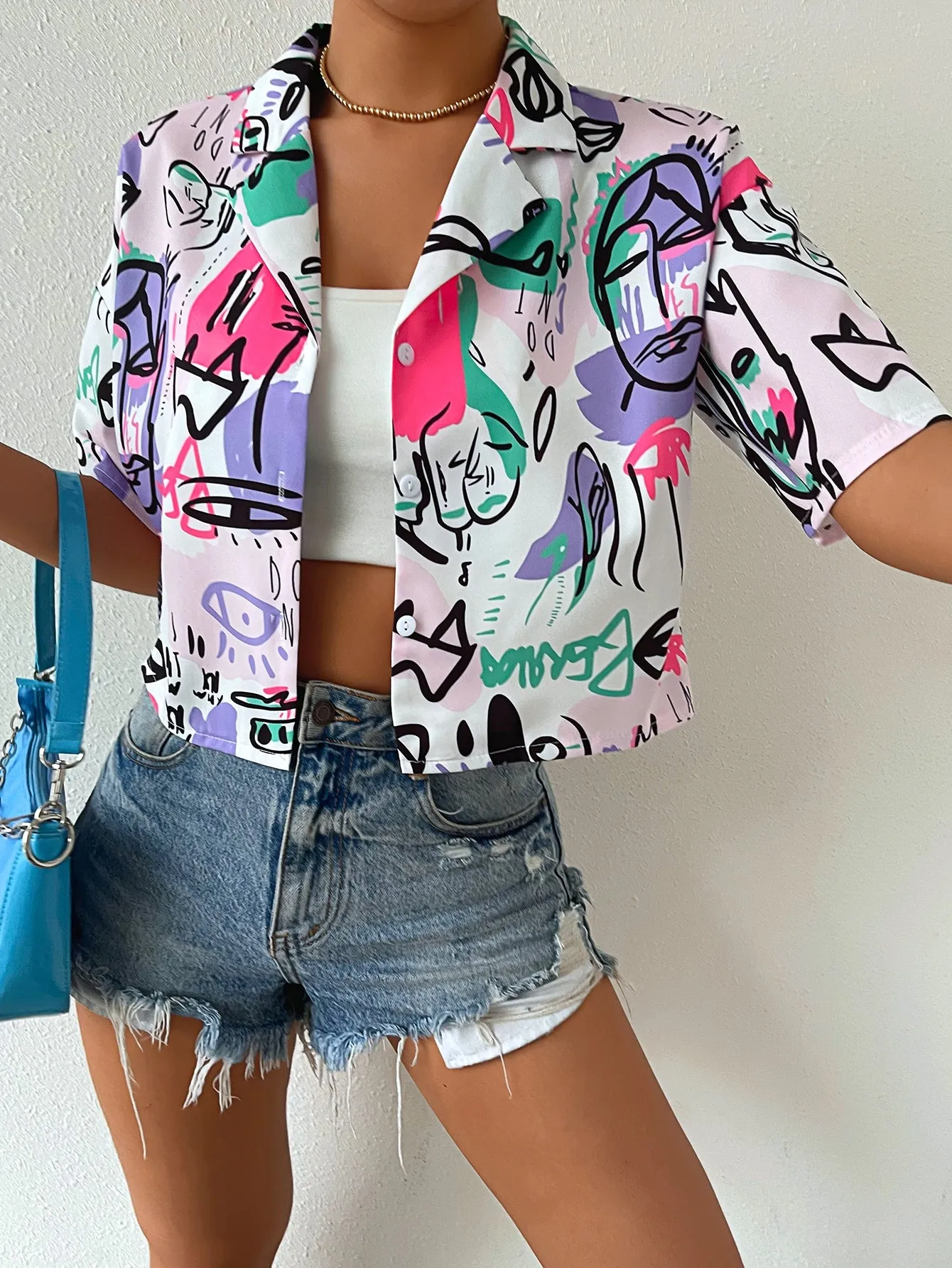 EZwear Women's Short Sleeve Collar Drop Shoulder Crop Top Figure Graphic Button Down Shirts Blouse