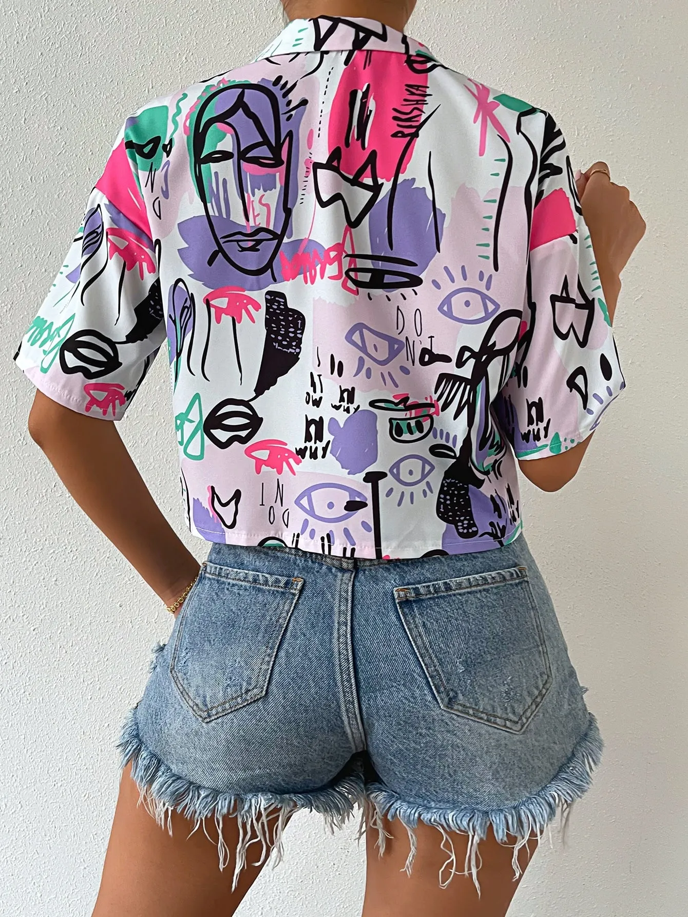 EZwear Women's Short Sleeve Collar Drop Shoulder Crop Top Figure Graphic Button Down Shirts Blouse