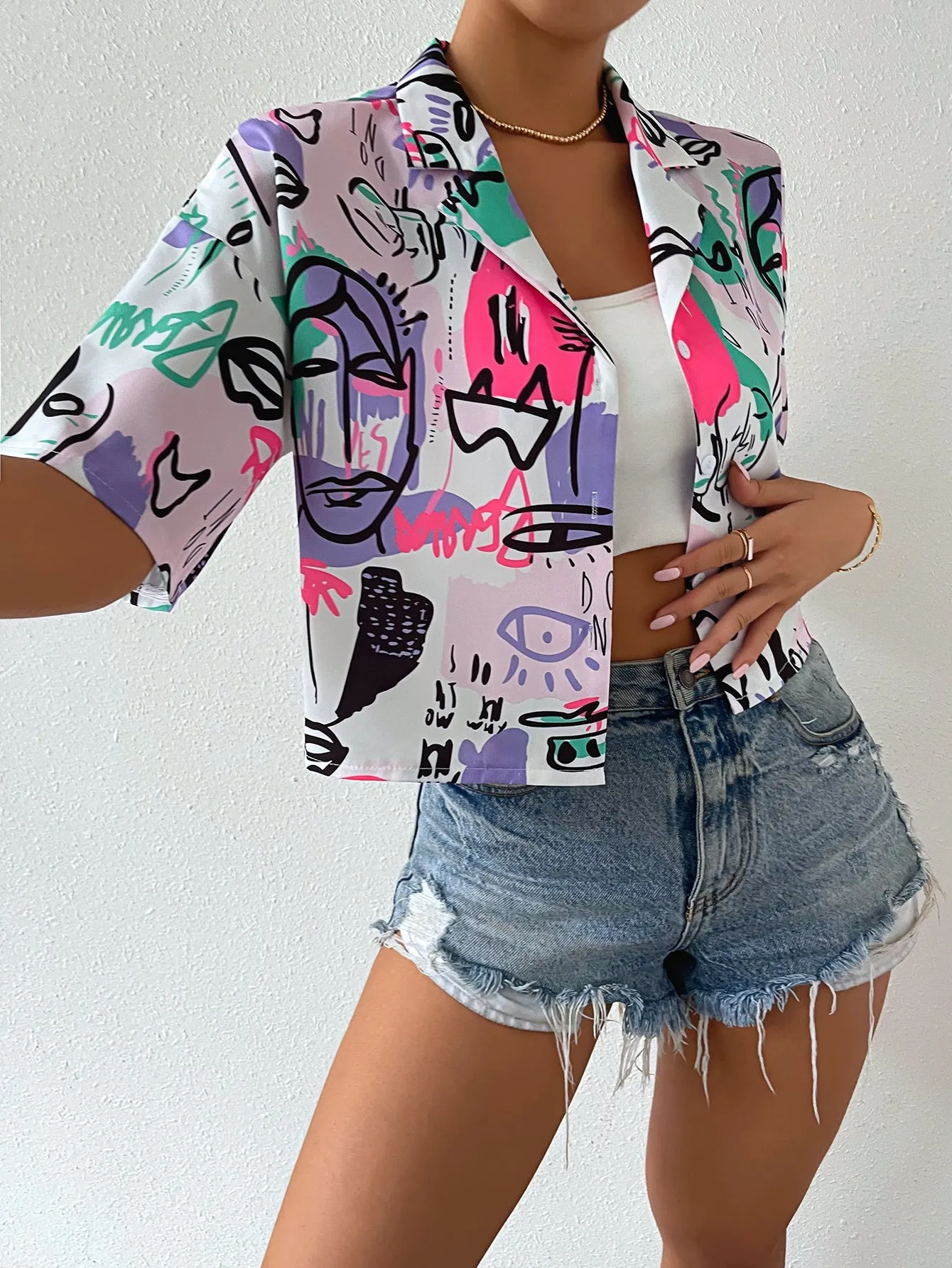 EZwear Women's Short Sleeve Collar Drop Shoulder Crop Top Figure Graphic Button Down Shirts Blouse