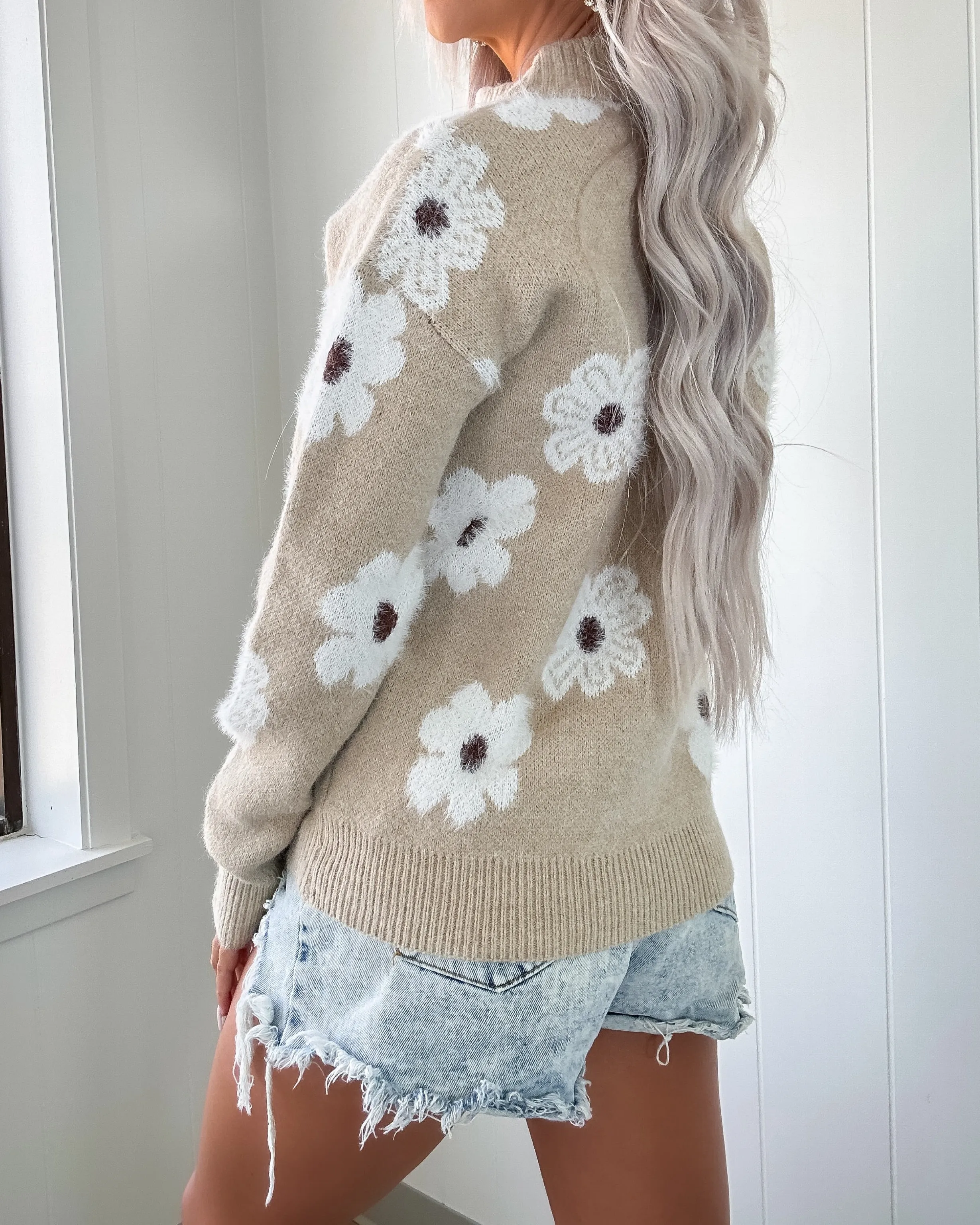 Fall Floral Half Zip Pullover - Khaki