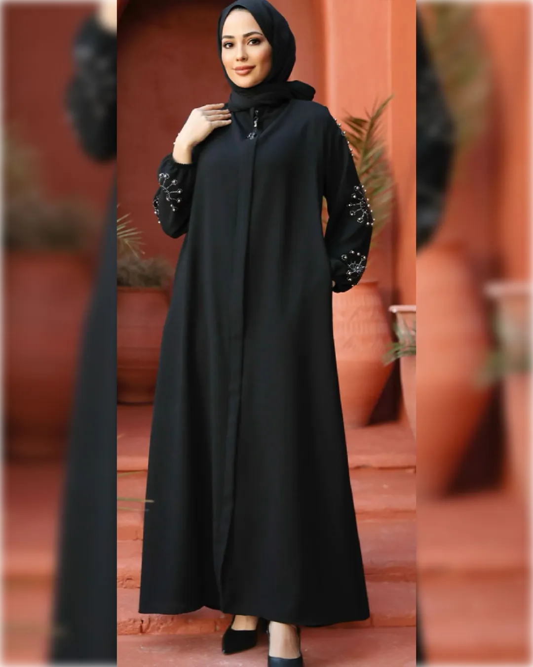 Fatimah Beaded Abaya Dress for Summer in Black Shade   عباءة فاطمة الصيفية المزينة بالخرز  باللون الأسود الجميل