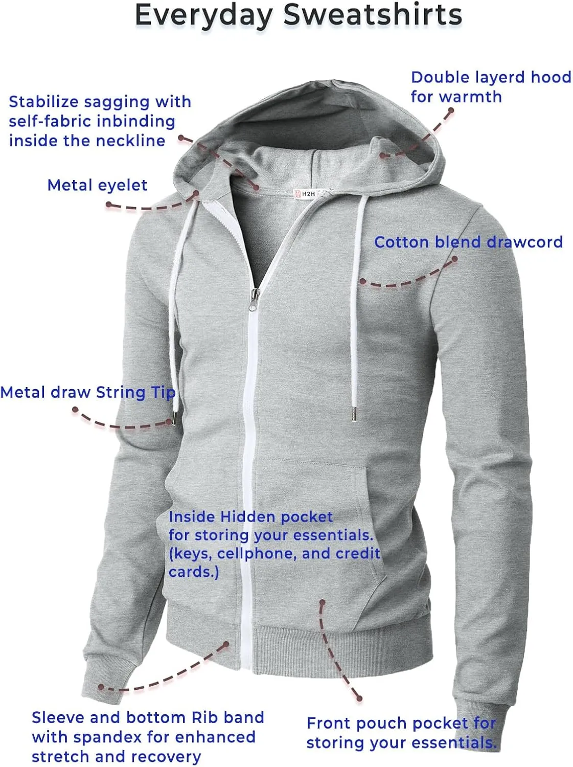 H2H Men's Zip Up Hoodie Lightweight Long Sleeve Basic Slim Fit Cotton SweatShirt with Pocket