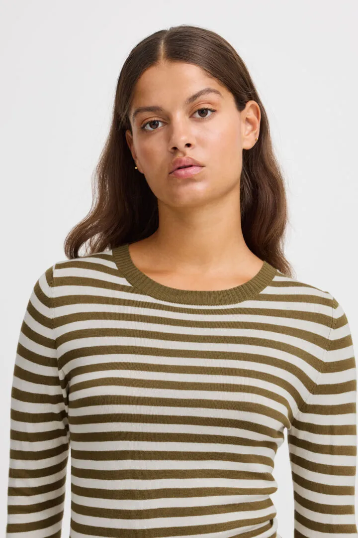 Ichi Diane Long Sleeved Top-Lizard/Almond Milk Stripe-20121496