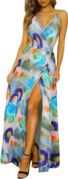 II ININ Women's 2025 Maxi Sundresses Summer Beach Long Wrap V-Neck Floral/Solid Casual Dress for Women