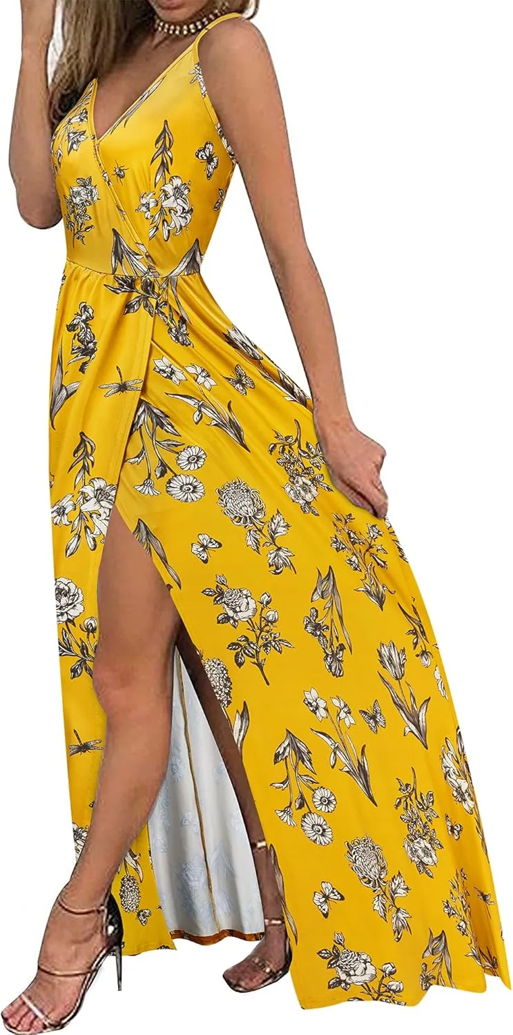 II ININ Women's 2025 Maxi Sundresses Summer Beach Long Wrap V-Neck Floral/Solid Casual Dress for Women