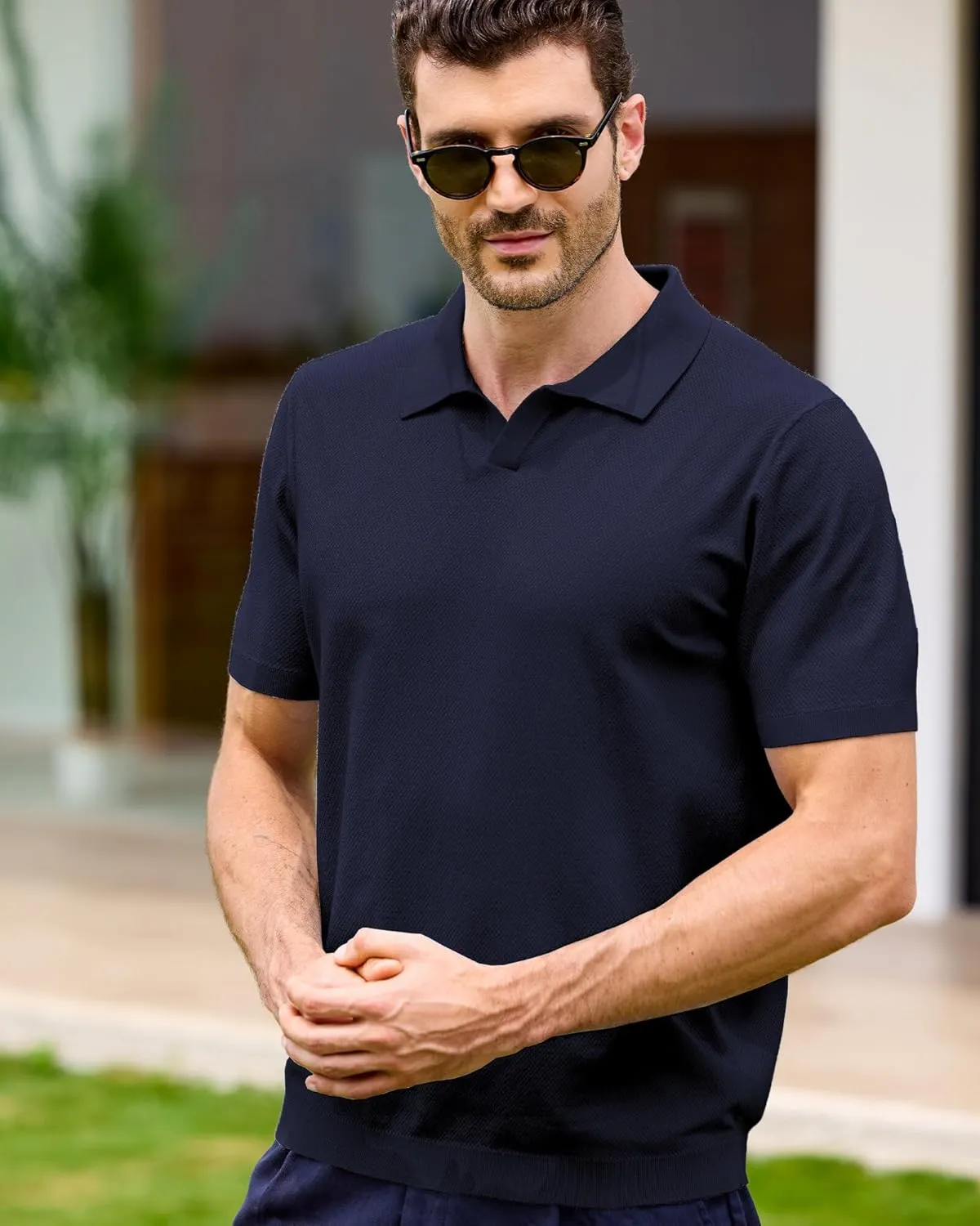 Kallspin Mens Polo Shirts V Neck Knit Polo Lightweight Textured Fabric Short Sleeve Polo Shirt Slim Fit