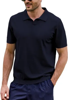 Kallspin Mens Polo Shirts V Neck Knit Polo Lightweight Textured Fabric Short Sleeve Polo Shirt Slim Fit