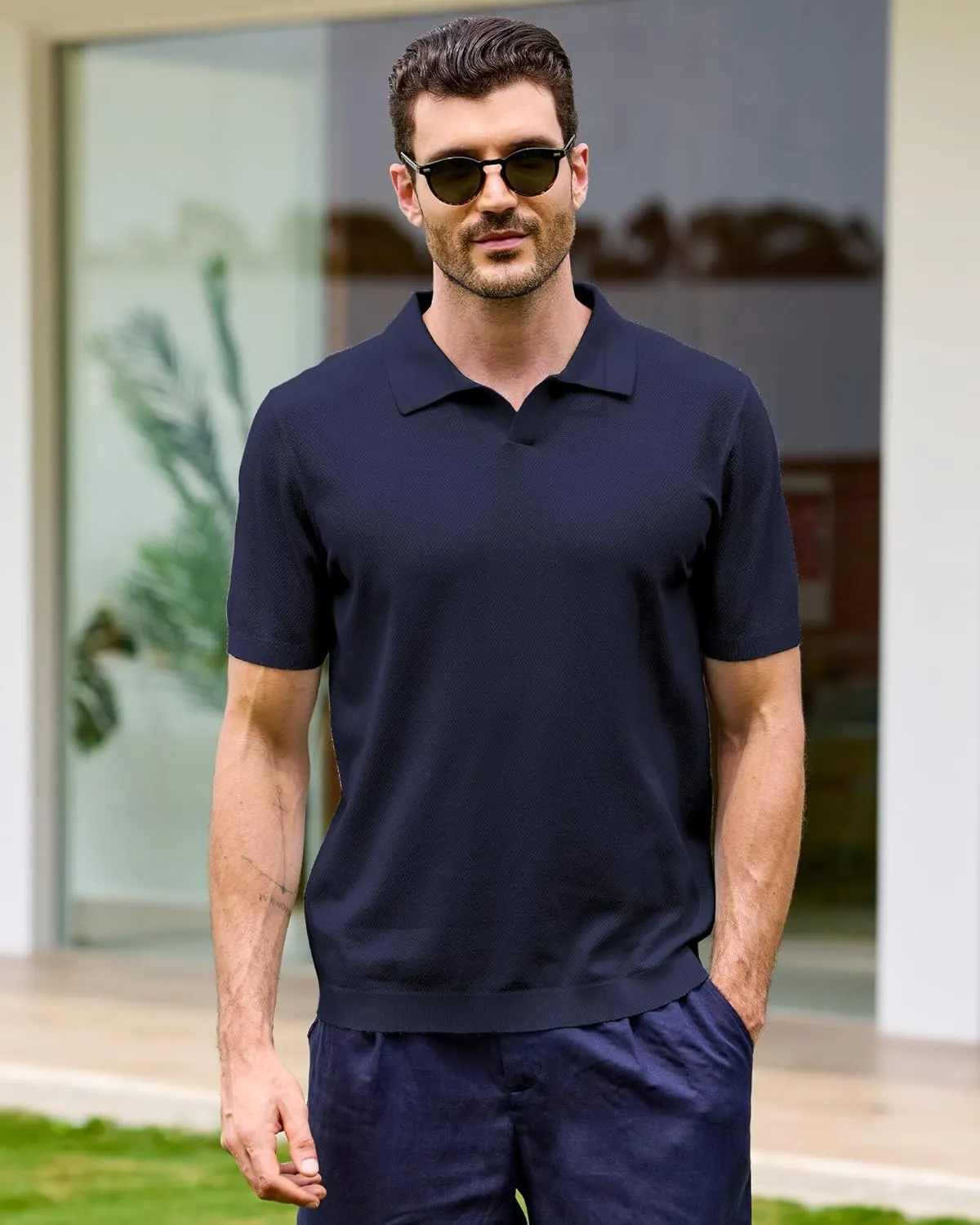 Kallspin Mens Polo Shirts V Neck Knit Polo Lightweight Textured Fabric Short Sleeve Polo Shirt Slim Fit